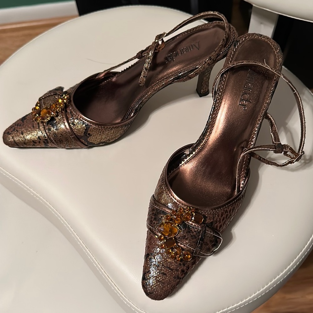 Metallic brown faux snakeskin heels